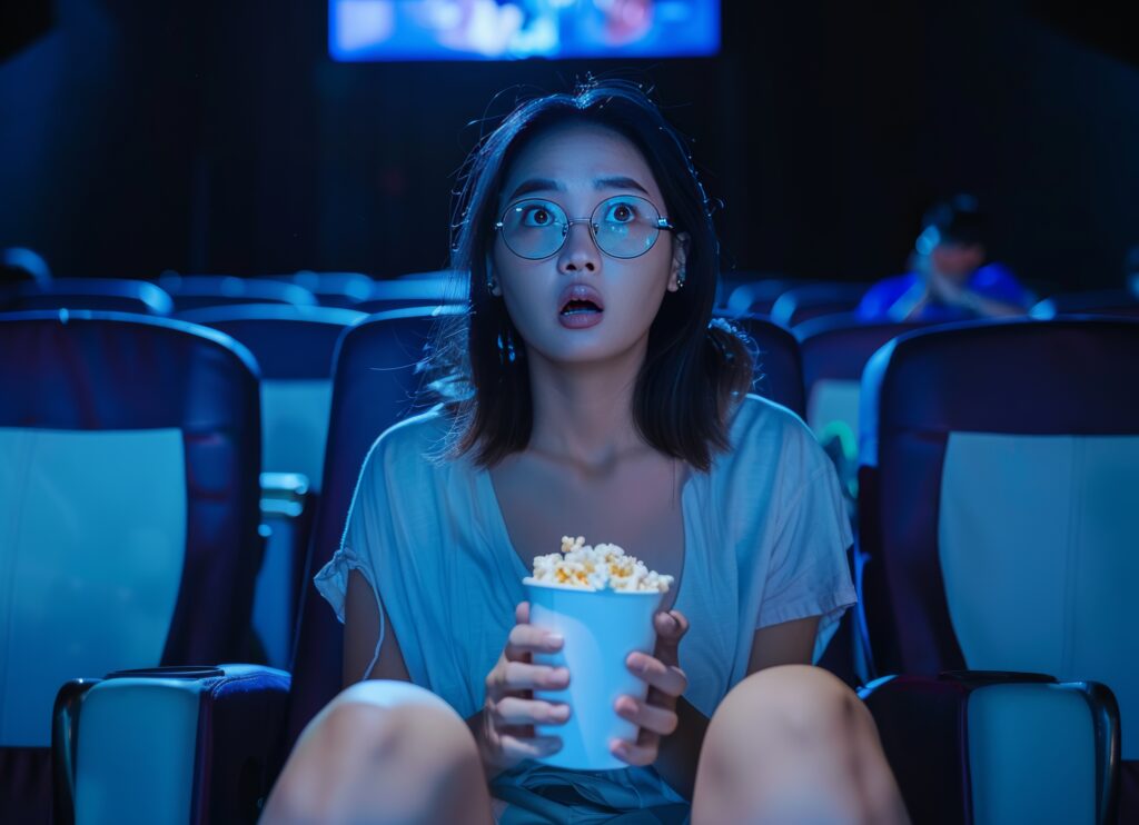 woman sitting in movie theater holding cup of popcorn